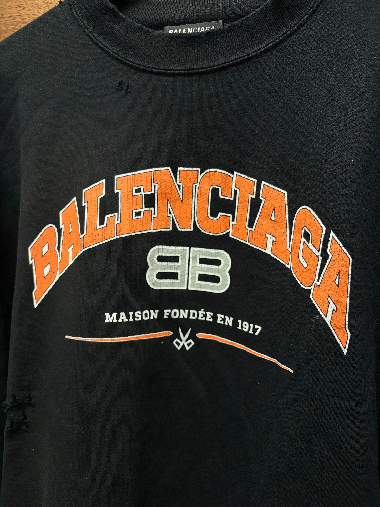 2021 Balenciaga Distressed Cotton ‘Paris’ Black/Orange Logo Sweatshirt