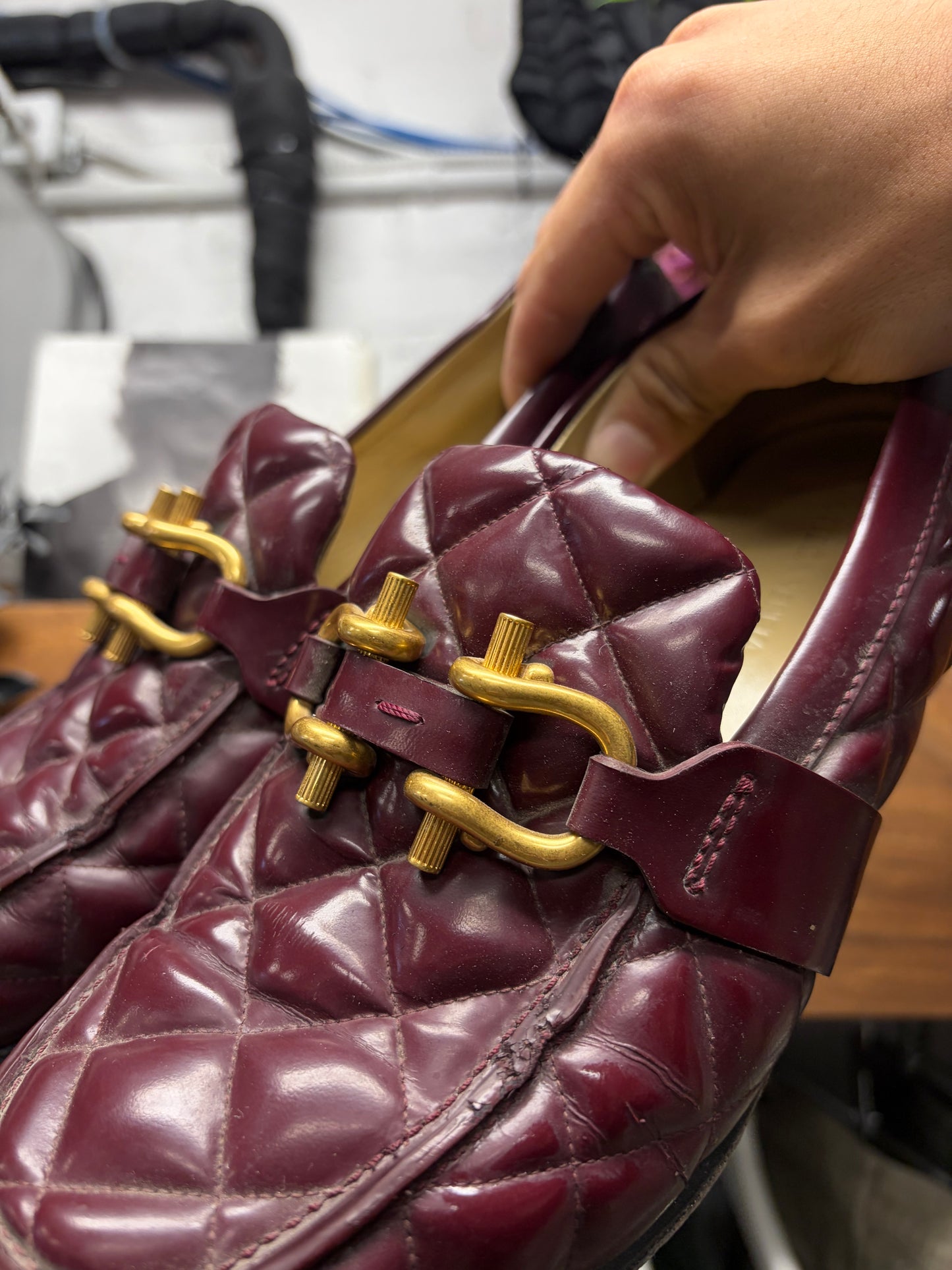 Bottega Veneta ‘Monsieur’ Quilted Wine Red/Gold Leather Loafers