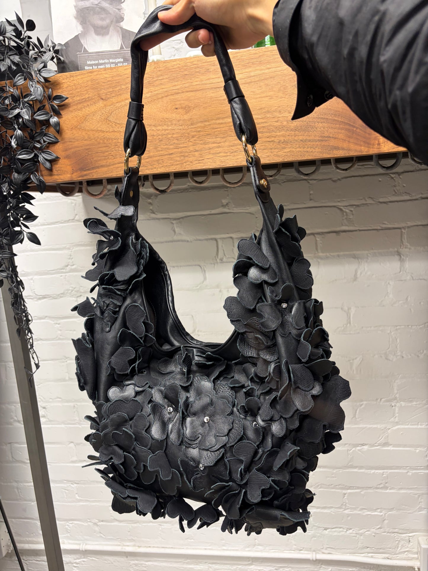 Blumarine Black Leather ‘Flower Appliqué’ Hobo Bag