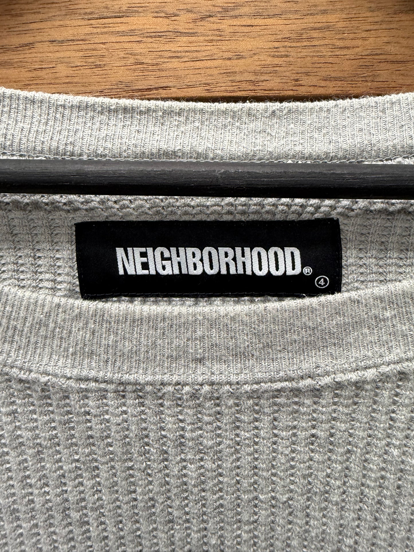 Neighborhood Embroidered Grey White Thermal Cotton Long Sleeve Shirt