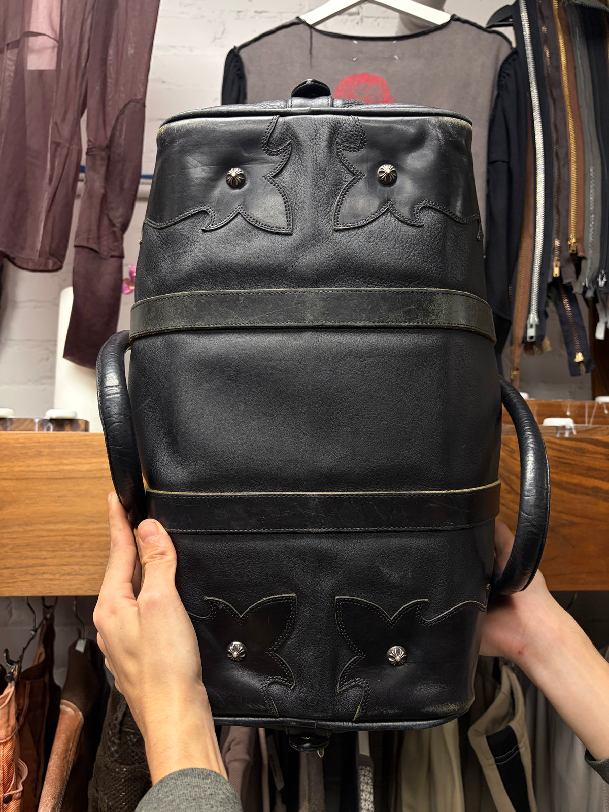 Chrome Hearts Fleur Black Leather Large ‘Weekender’ Duffle Bag