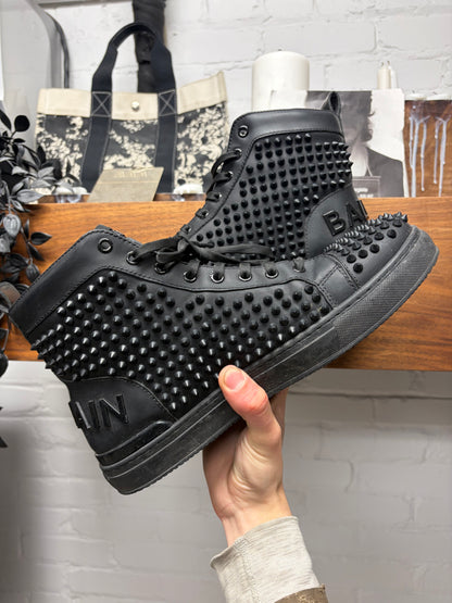 Balmain Studded ‘Spikes’ Black Leather High Top Sneakers