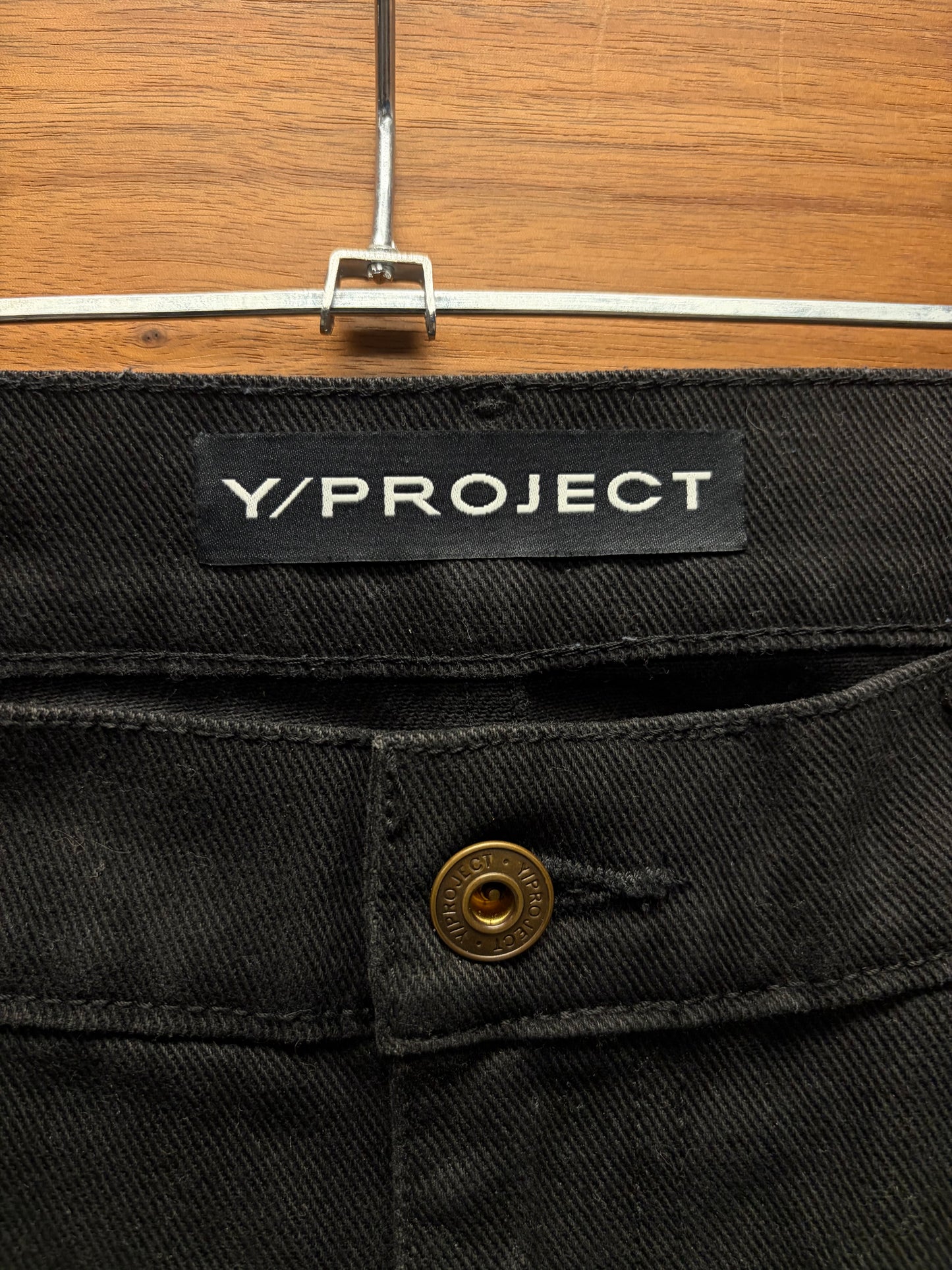 Y-Project ‘Hook n Eye’ Waxed Black Flared Leg Denim