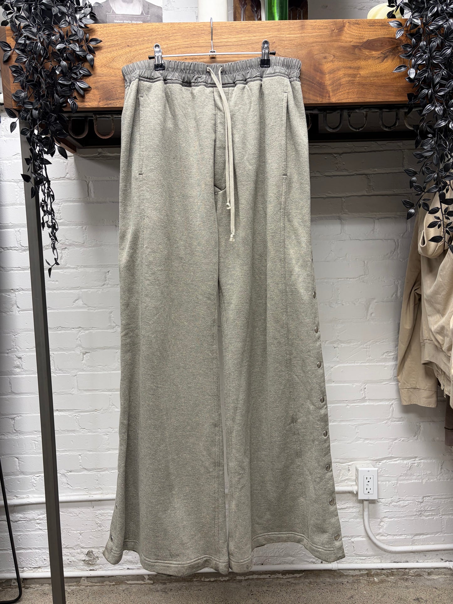 Rick Owens Melange Grey ‘Pusher’ Wide Leg Button Snap Sweatpants