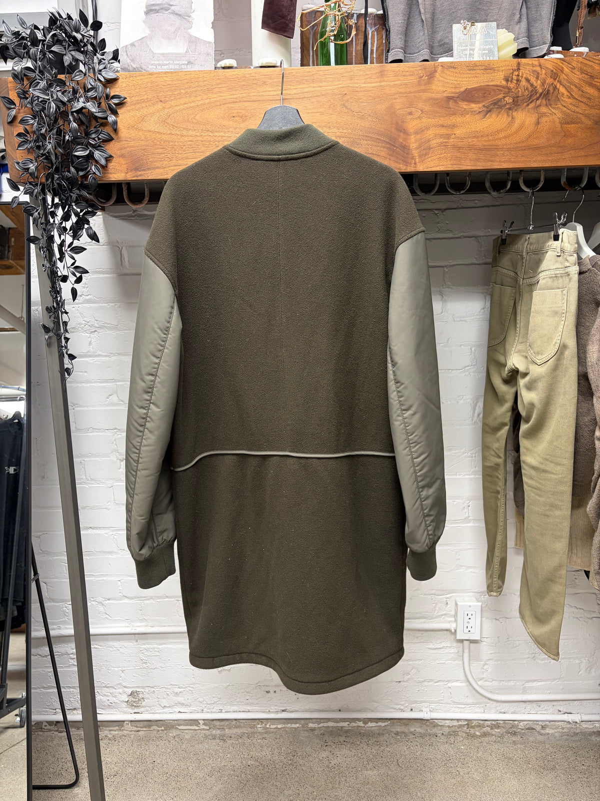Helmut Lang Wool/Nylon Military Green Panelled Long Bomber Coat