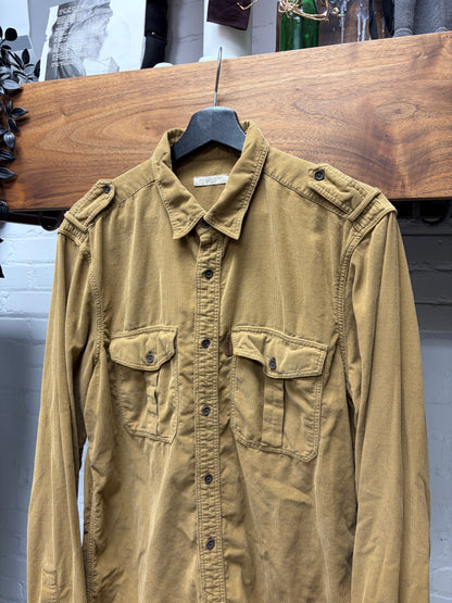 Burberry Caramel Brown Corduroy Button Up Shirt with Shoulder Epaulettes