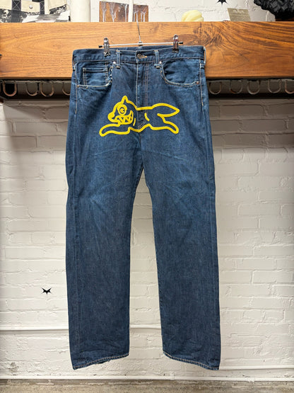 2000s Billionaire Boys Club ‘Running Dog’ Painted Logo Bootcut Blue Jeans