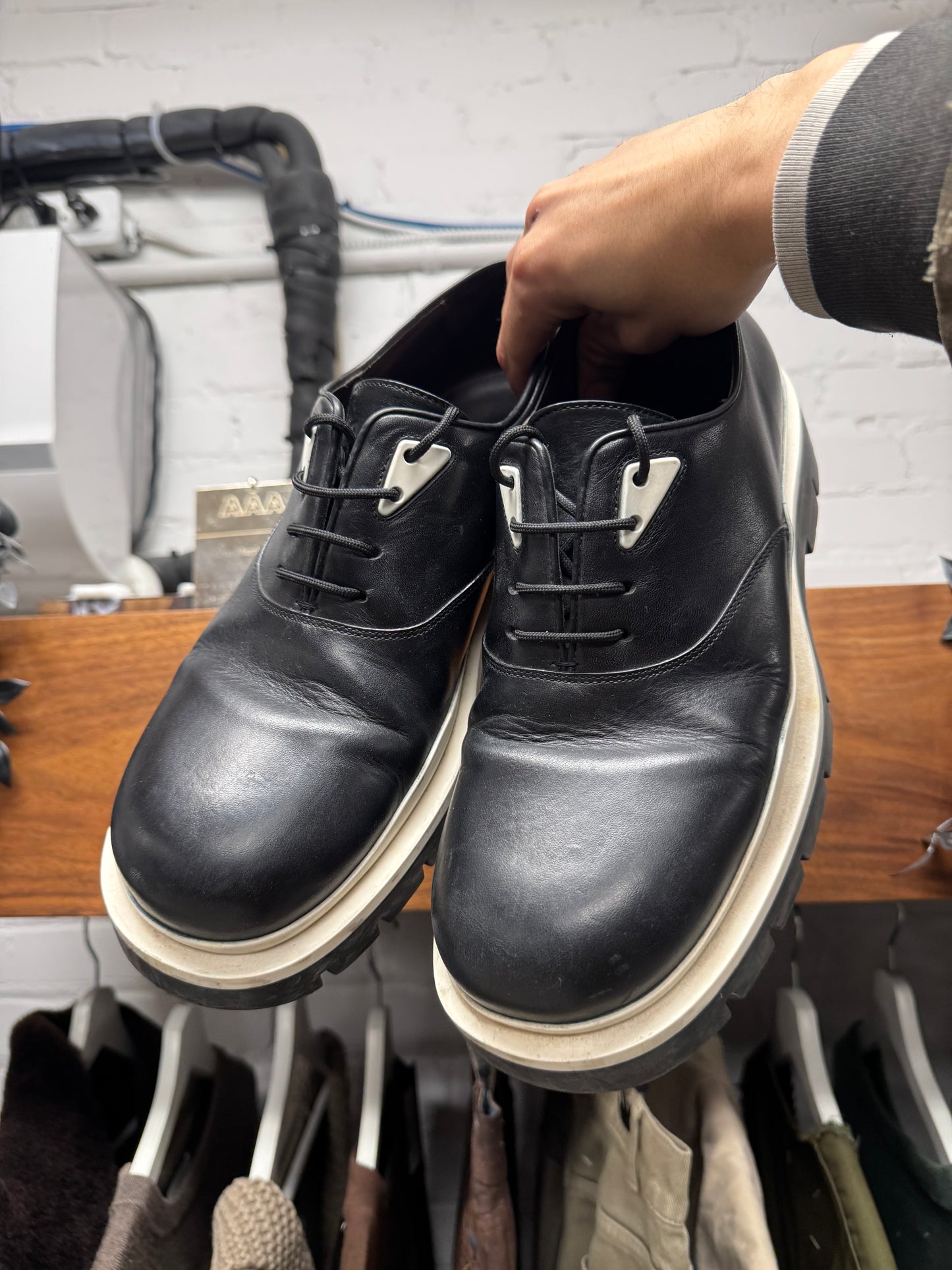 Bottega Veneta ‘Tire’ Black/Cream Calfskin Leather Derbys