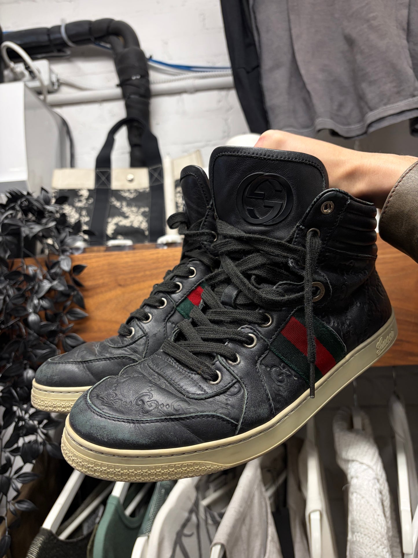 Gucci ‘Guccissima’ Black Leather Web High Top Sneakers