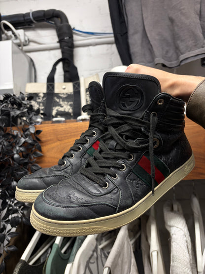 Gucci ‘Guccissima’ Black Leather Web High Top Sneakers