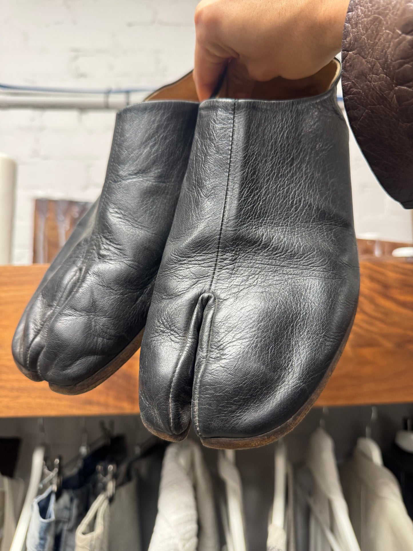 Maison Margiela ‘Tabi’ Split Toe Black Leather Slip On Flats