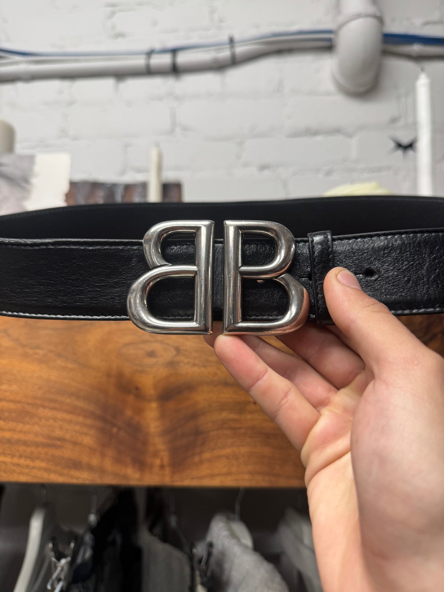 Balenciaga Silver ‘BB Interlock Logo’ Black Leather Belt