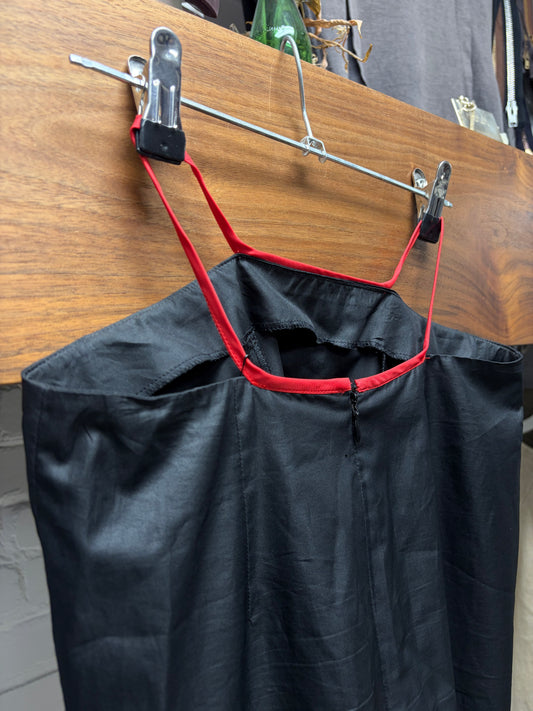 Vintage Helmut Lang Black Nylon Midi Skirt with Red Waistline Cut-Outs