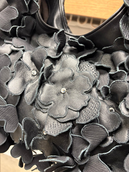 Blumarine Black Leather ‘Flower Appliqué’ Hobo Bag