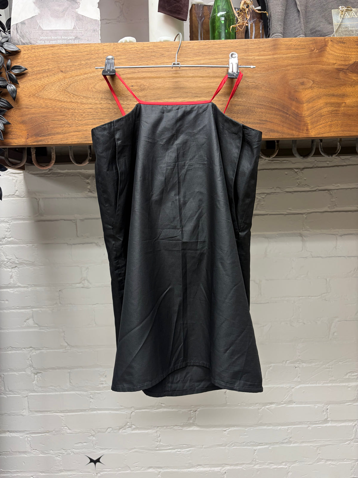 Vintage Helmut Lang Black Nylon Midi Skirt with Red Waistline Cut-Outs