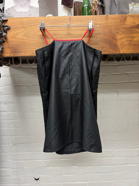 Vintage Helmut Lang Black Nylon Midi Skirt with Red Waistline Cut-Outs