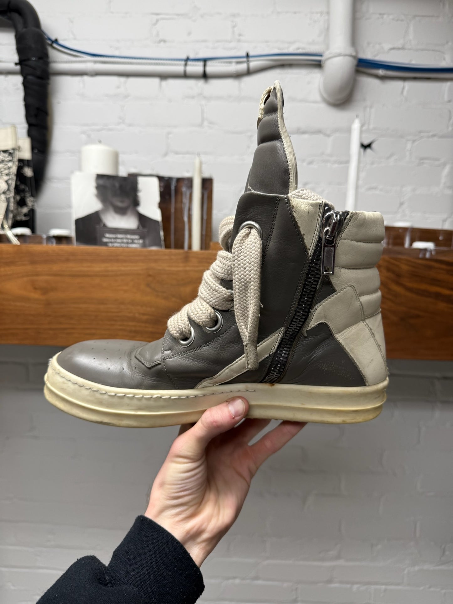 Rick Owens ‘Jumbo Lace’ Grey Leather ‘Geobasket’ High Top Sneakers