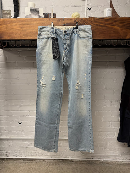 2000s Dolce & Gabbana Light Wash Blue Distressed Wide Leg Denim