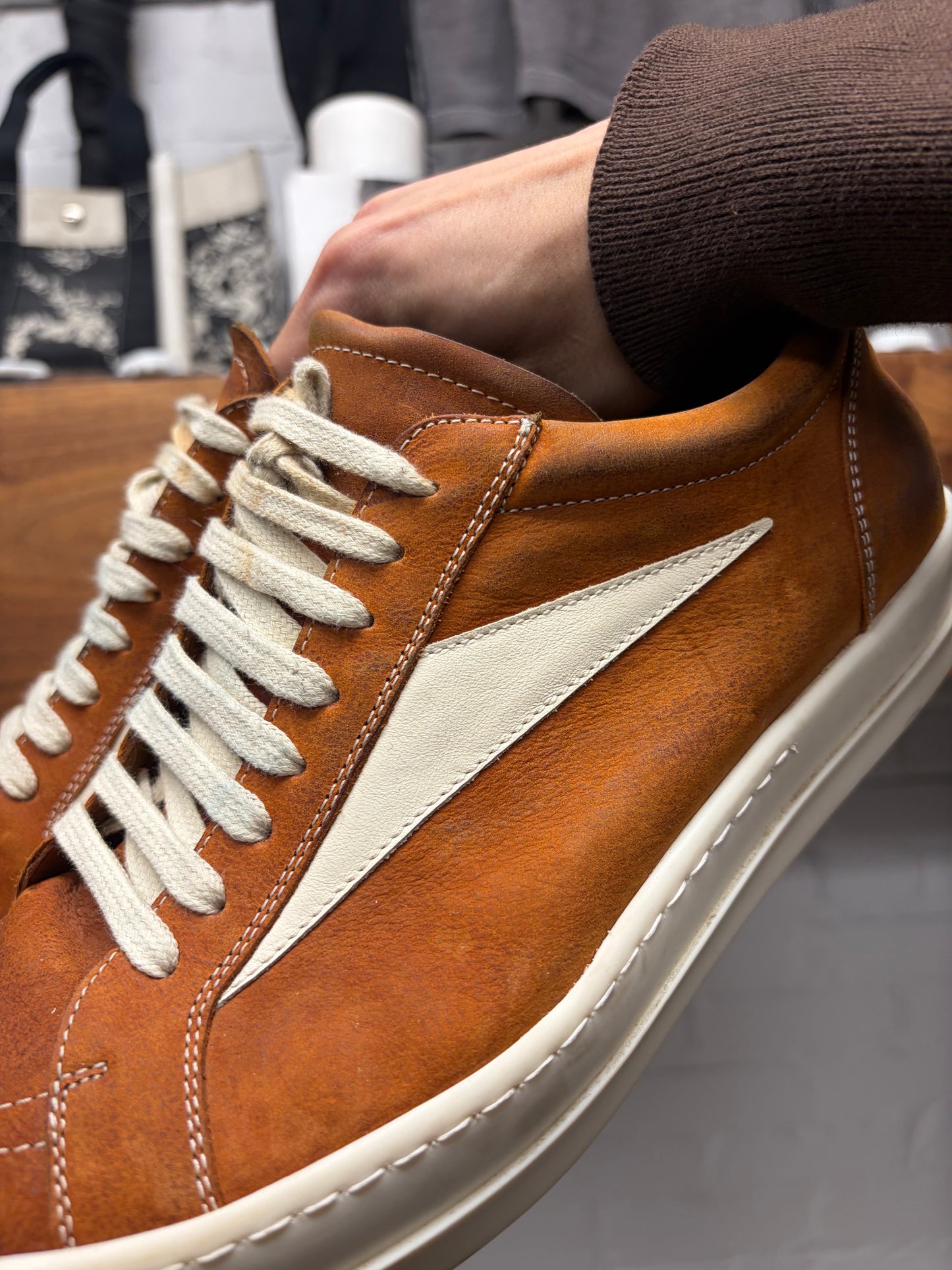 SS2024 Rick Owens ‘Vans’ Clay/Milk Leather Low Top Sneakers