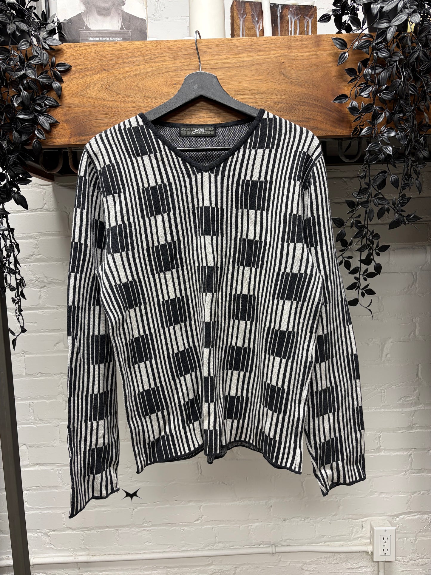 Vintage Jean Paul Gaultier ‘Objet’ Vertical Bar Patterned V-Neck Knit Sweater