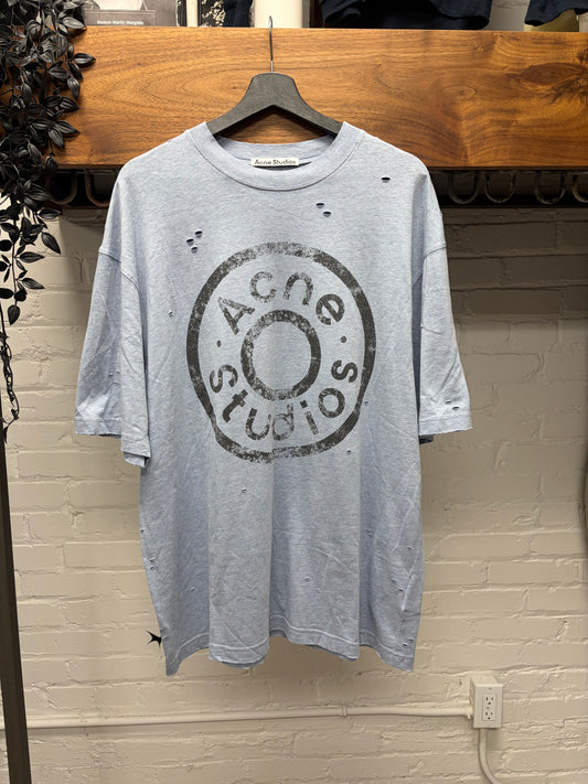 Acne Studios ‘Button Logo’ Distressed Blue Cotton Short Sleeve T-Shirt