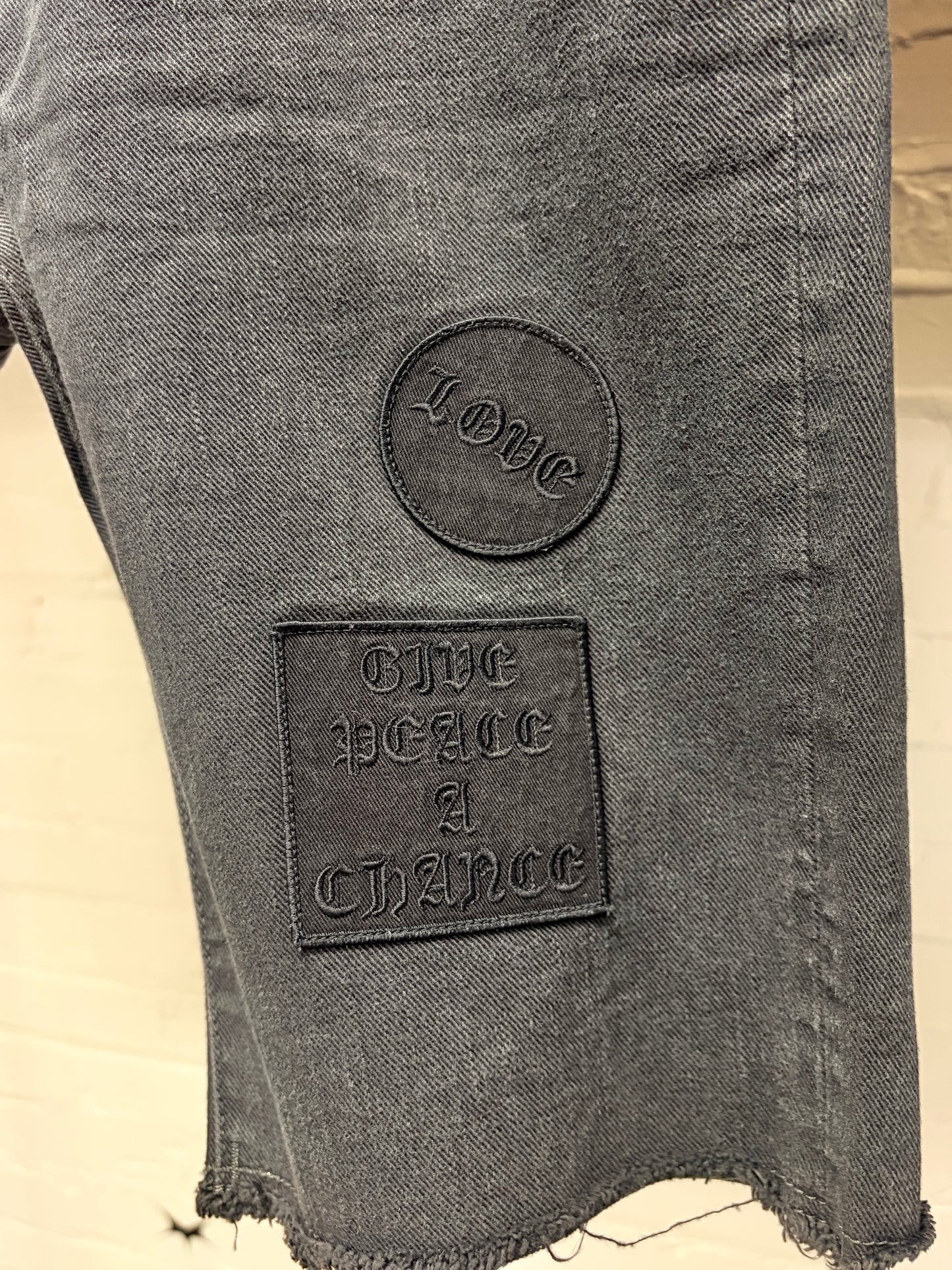 AW2004 Number (N)ine ‘Give Peace a Chance’ Denim Patchwork Shorts