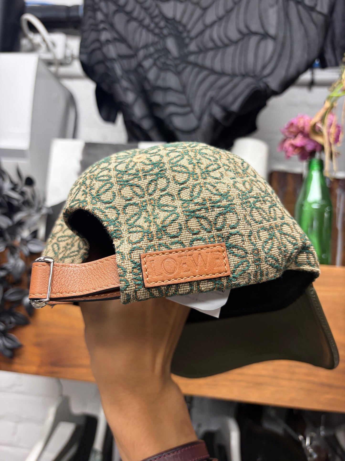 Loewe Green ‘Anagram’ Monogram Green Canvas/Leather Strap-Back Baseball Cap