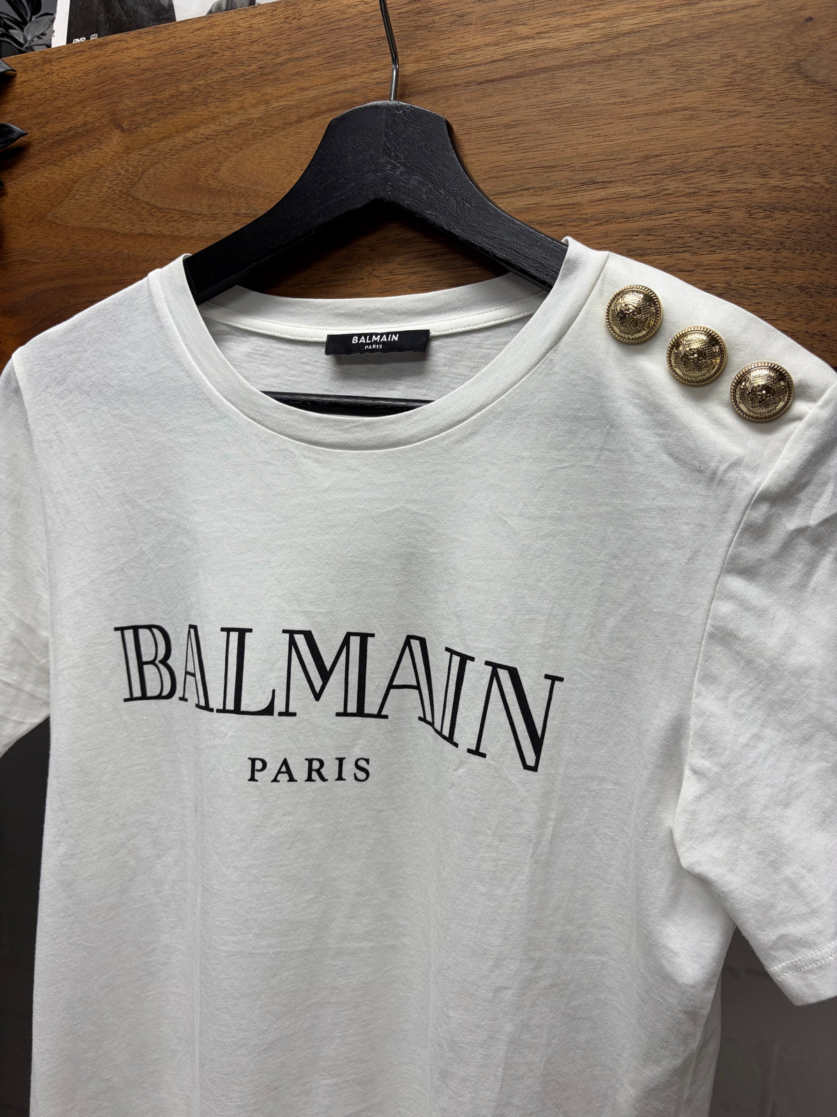 Balmain Shoulder Epaulette White Short Sleeve Logo T-Shirt