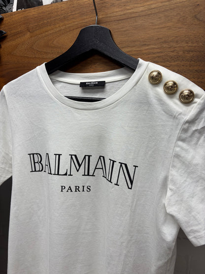 Balmain Shoulder Epaulette White Short Sleeve Logo T-Shirt
