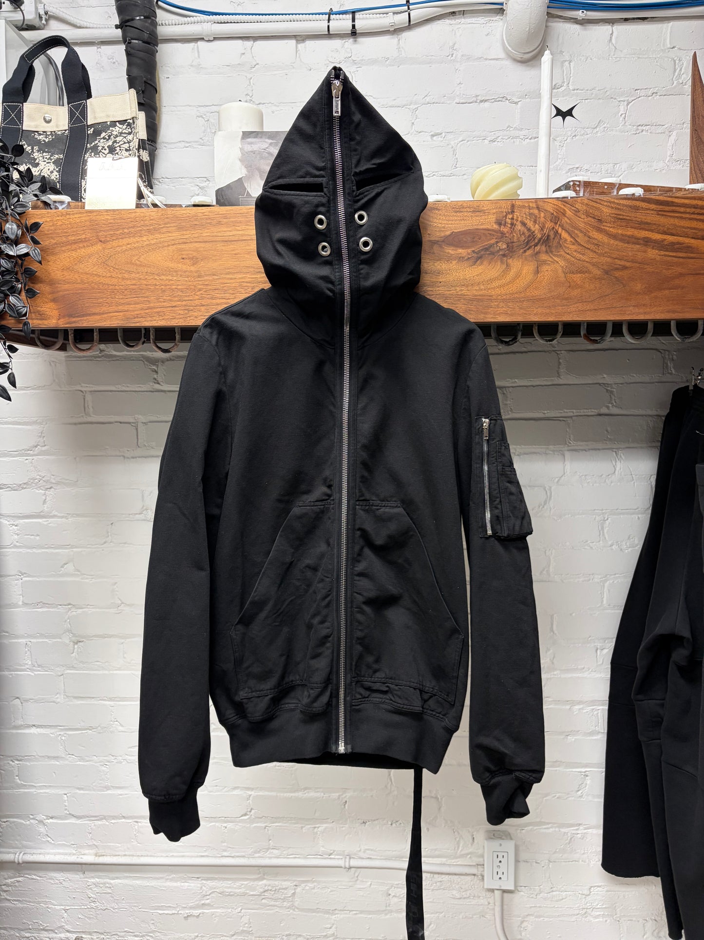 Rick Owens Canvas ‘Gimp’ Black Full-Zip Eye Cut-Out Hoodie