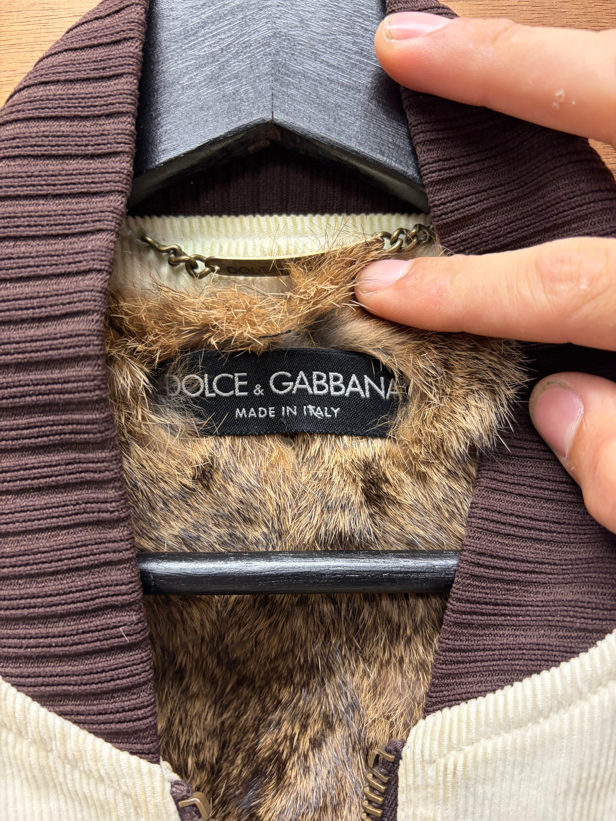 AW2003 Dolce & Gabbana ‘Hunting’ Rabbit Fur Lined White Corduroy Bomber Jacket