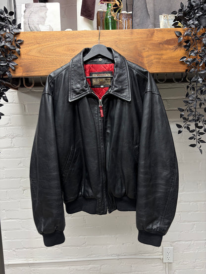 Vintage 80s Giorgio Armani Black Leather Bomber Jacket with Quilted Liner