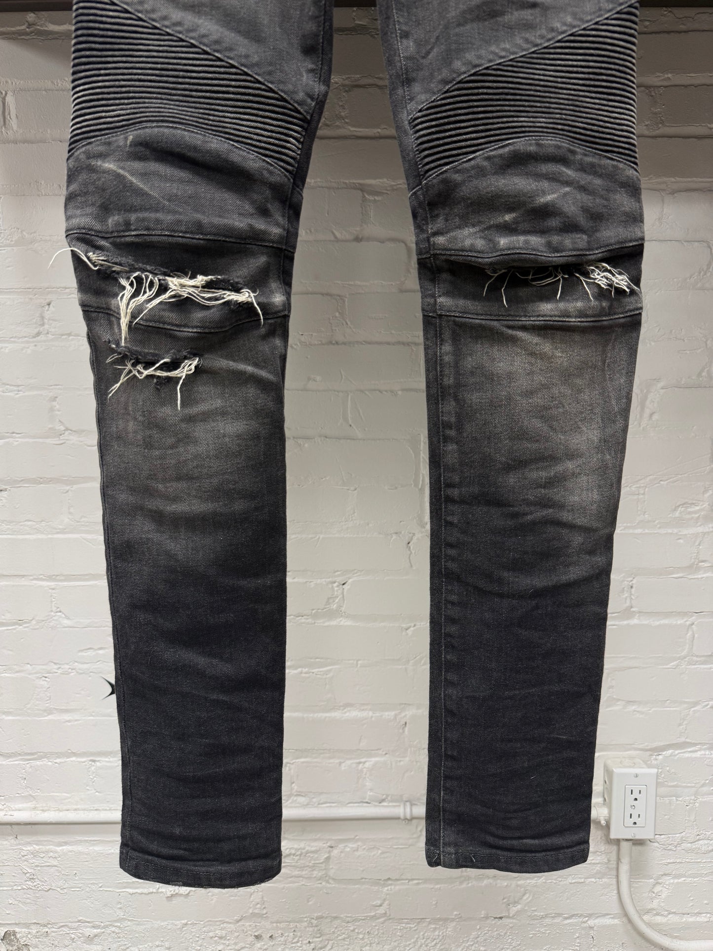 Balmain Black Distressed Black Biker Knee Moto Skinny Jeans
