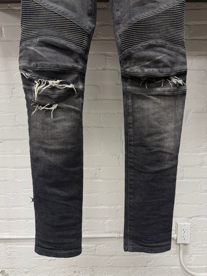 Balmain Black Distressed Black Biker Knee Moto Skinny Jeans
