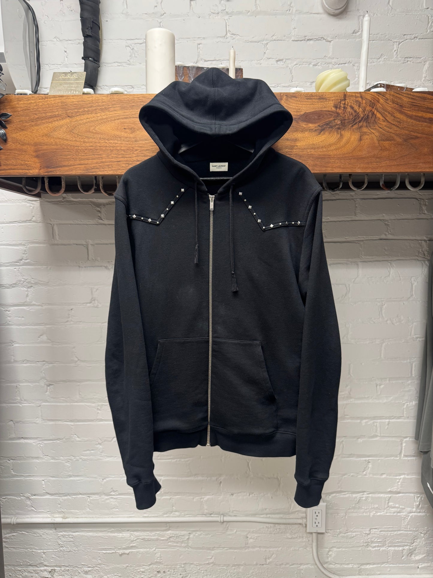 2019 Saint Laurent ‘Western Studded’ Black Cotton Zip-Up Hoodie