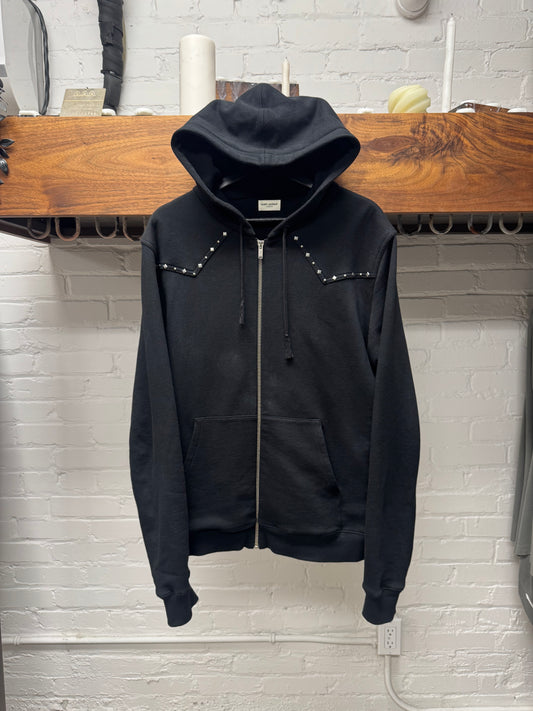 2019 Saint Laurent ‘Western Studded’ Black Cotton Zip-Up Hoodie
