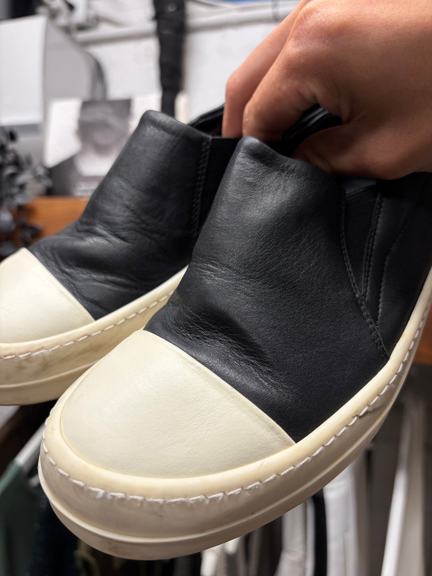 Rick Owens Black Leather Slip On Low Top Sneakers
