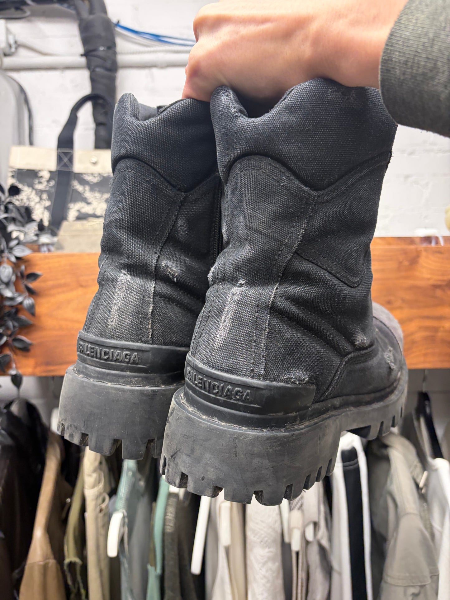 Balenciaga Distressed Canvas ‘Strike’ Black Combat Boots