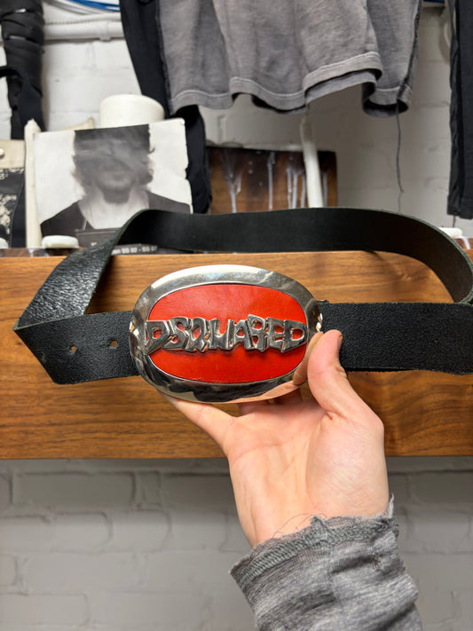 2000s Dsquared2 Red/Silver Large Buckle Genuine Leather Belt