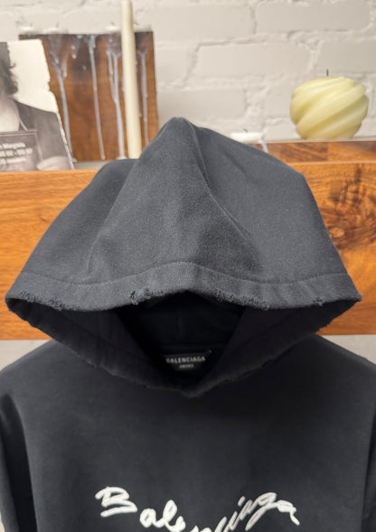 2022 Balenciaga Painted ‘Script Logo’ Distressed Black Cotton Hoodie