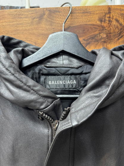 2022 Balenciaga ‘Taxi’ Brown Hooded Leather Jacket