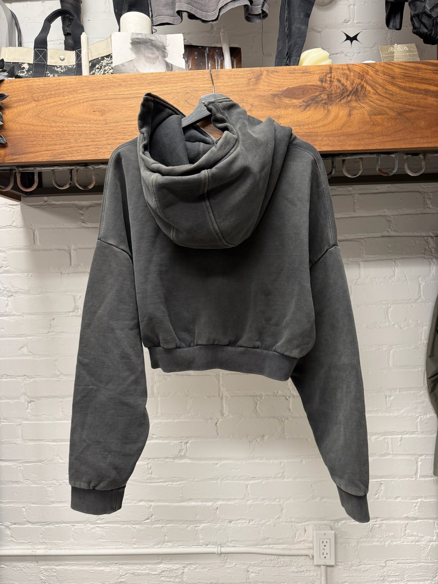 Entire Studios Cropped ‘Full-Zip’ Washed Grey Heavy Cotton Hoodie