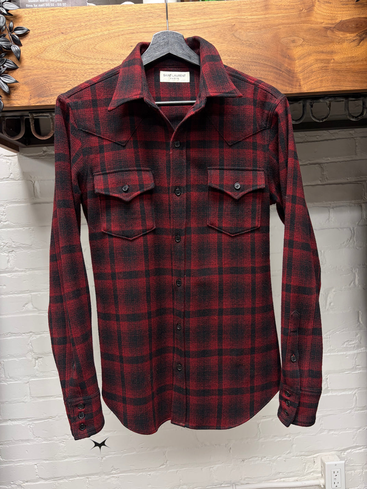 2016 Saint Laurent by Hedi Slimane Red/Black Plaid Button Snap Flannel