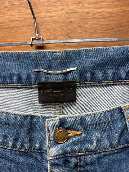 2019 Saint Laurent ‘D02’ Distressed Knee Blue Skinny Jeans