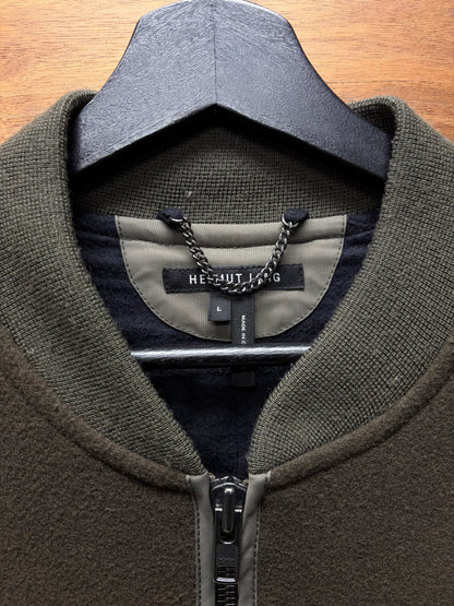 Helmut Lang Wool/Nylon Military Green Panelled Long Bomber Coat