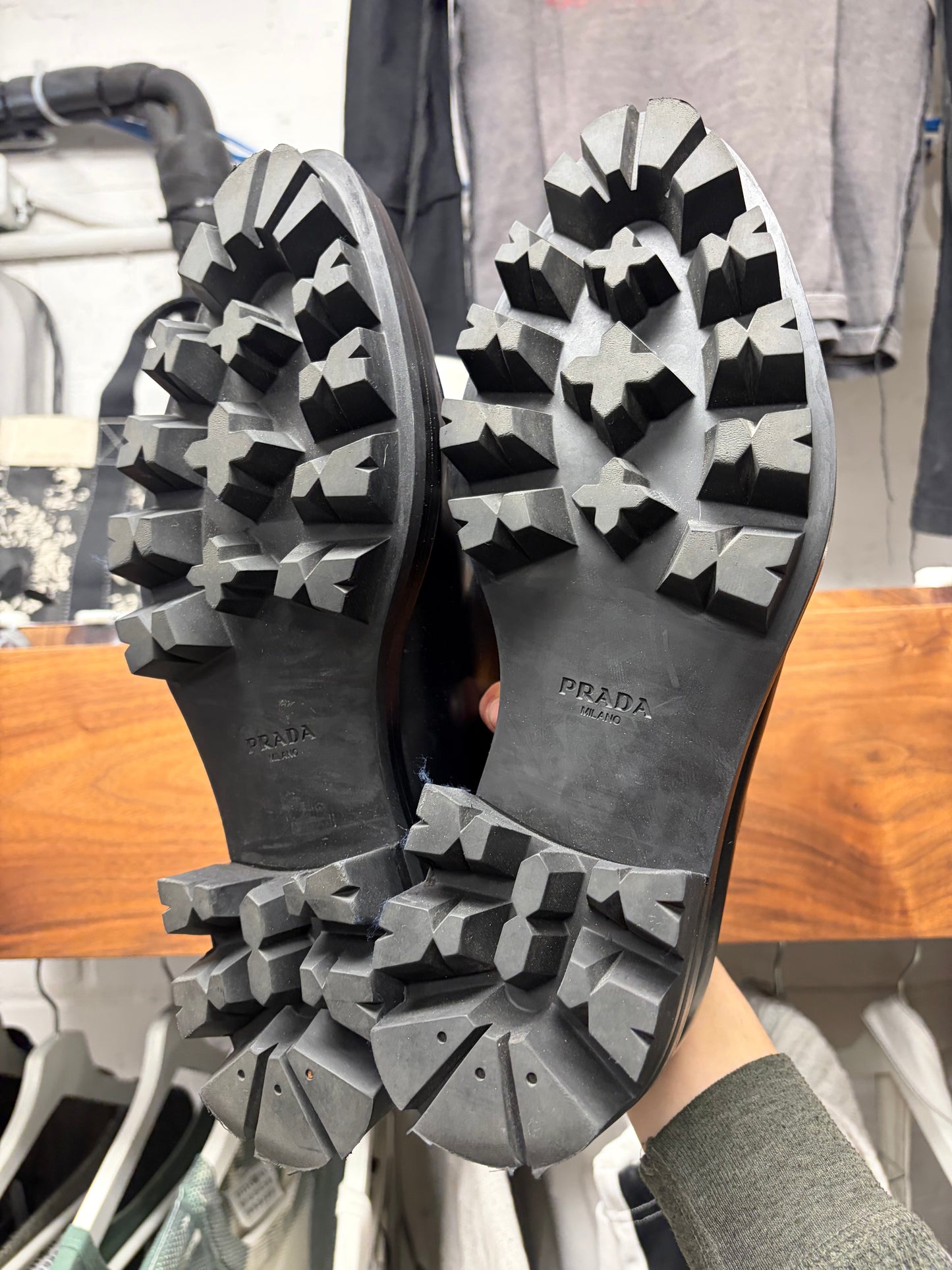 Prada Black Patent Leather ‘Lug Sole’ Pointed Toe Leather Derbys