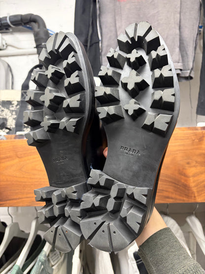 Prada Black Patent Leather ‘Lug Sole’ Pointed Toe Leather Derbys