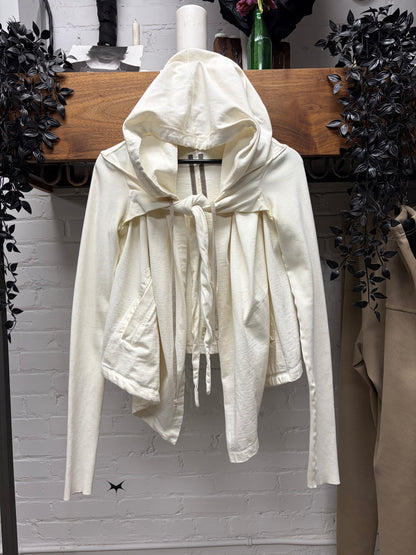 Rick Owens ‘Druid’ Tie-Up Milk White Cotton Pullover Hoodie