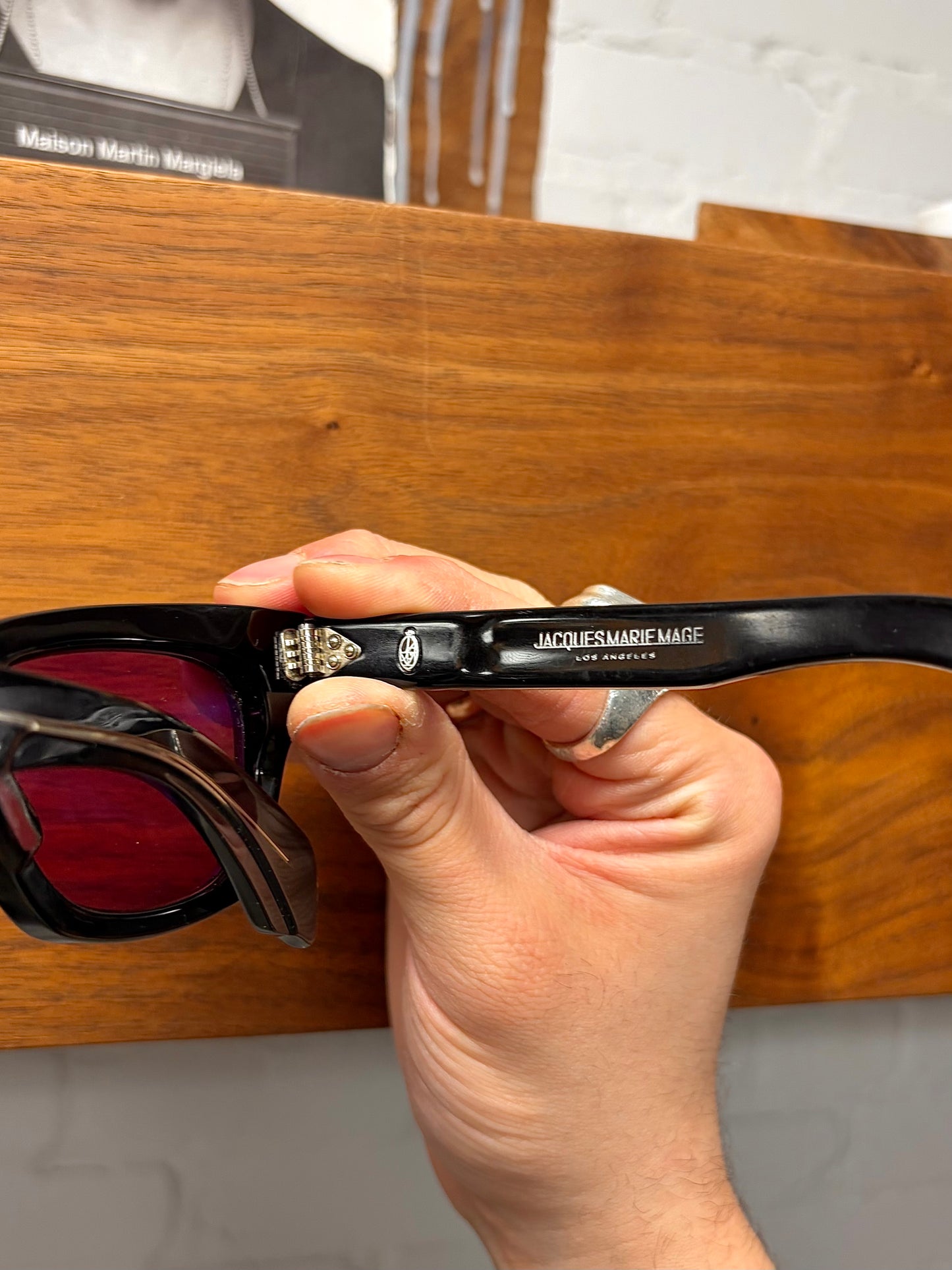 Jacques Marie Mage ‘Delean’ Red Tinted Black Frame Acetate Sunglasses