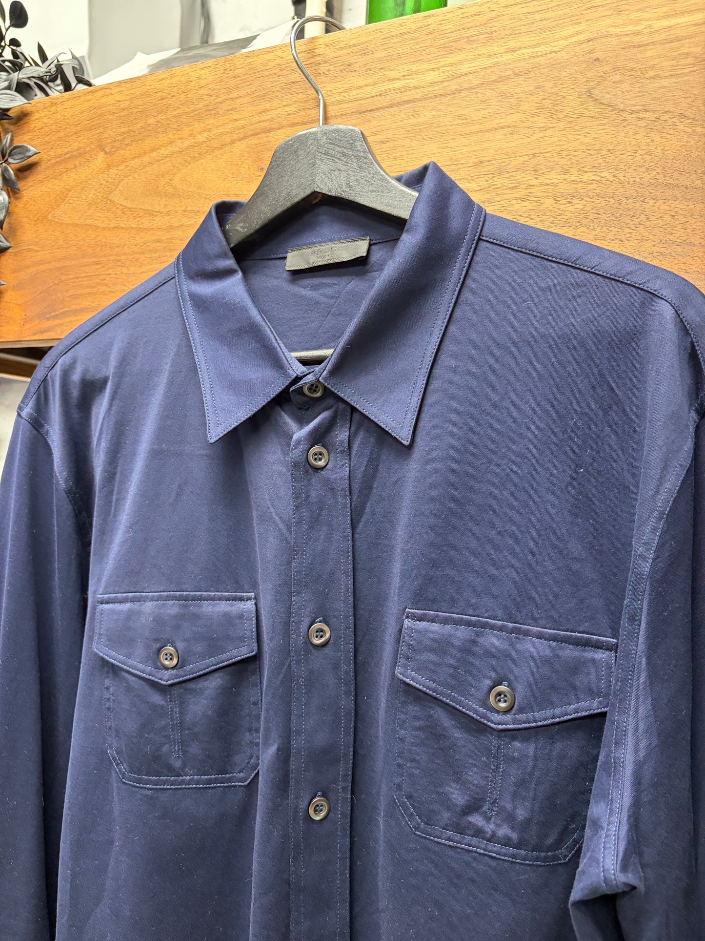 Prada Glossy Blue Button up Shirt with Double Front Pockets